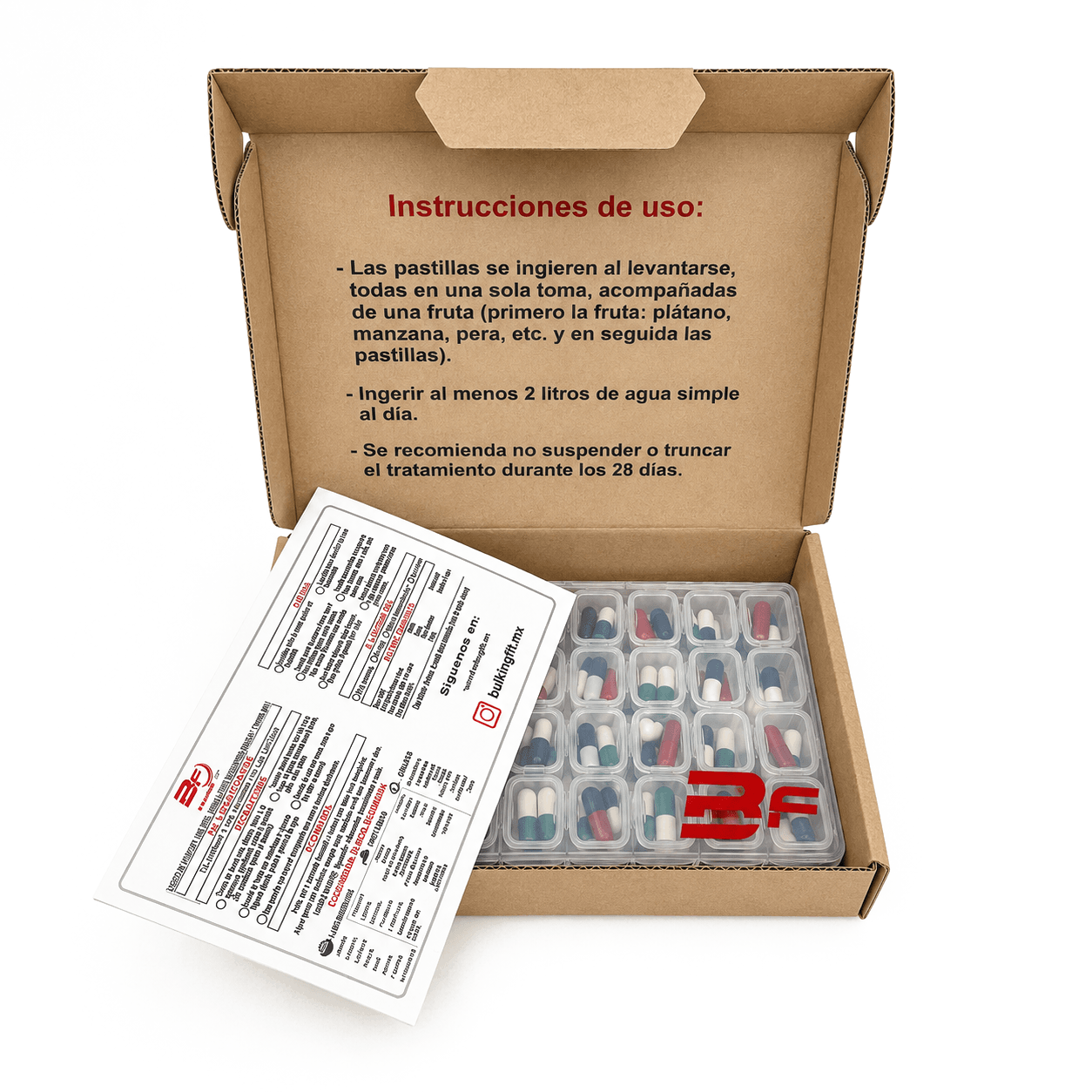 Pedido completo de Bulking Fit: pastillero, instrucciones y empaque